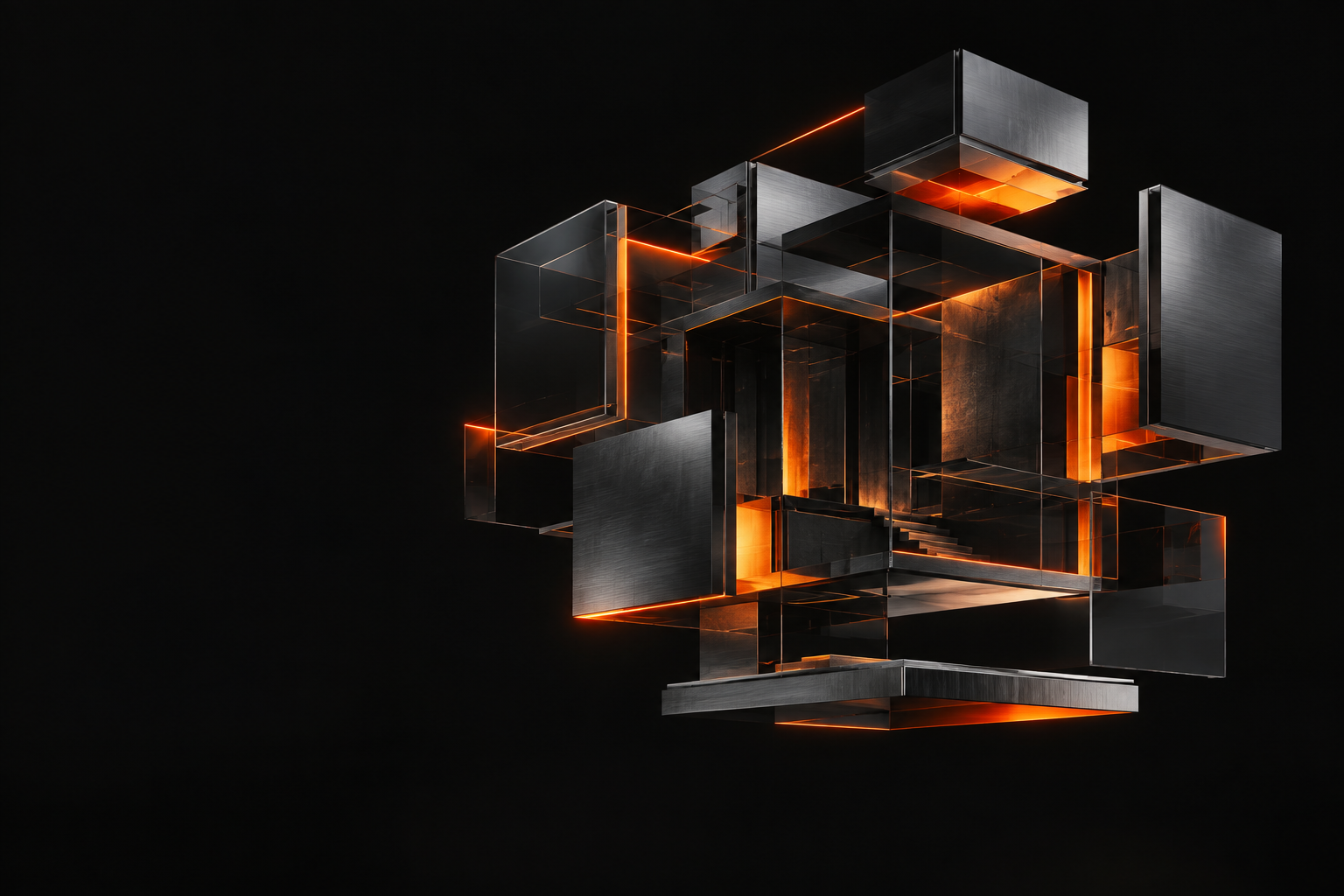 Estrutura modular de vidro escuro e luz laranja, representação conceitual de uma arquitetura integrada